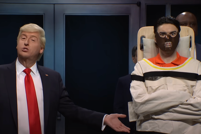 <p>James Austin Johnson (left) stands dressed as Donald Trump next to Anthony Hopkins (right) dressed as Hannibal Lecter on Saturday Night Live’s cold open</p>