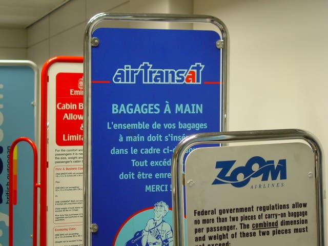 <p>Framed: Gauges for different airlines’ cabin baggage allowances</p>