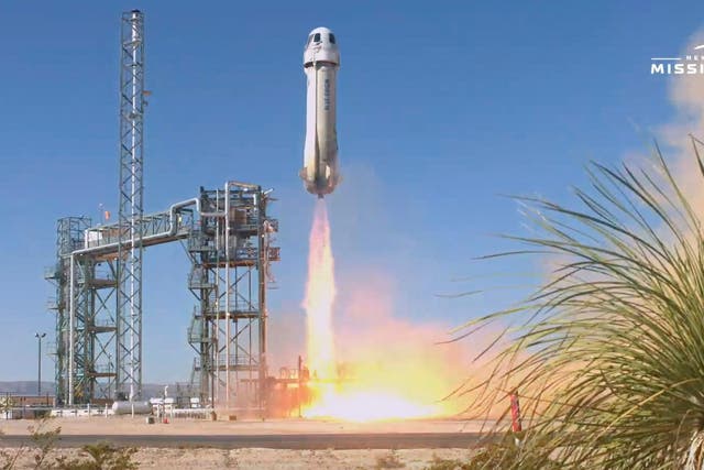 <p>A Blue Origin rocket takes off on 19 May with six passengers inside, including Ed Dwight, the first Black man to train as an astronaut</p>