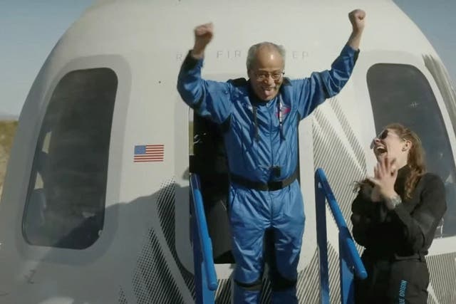 Ed Dwight pictured stepping off the Blue Origin spacecraft of Sunday. The 90-year-old was the first Black man to train as an astronaut but never made it into space — until today