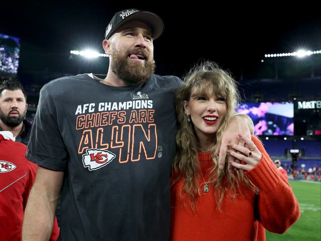 <p>Travis Kelce and Taylor Swift celebrate Kansas City Chiefs winning 2024 Super Bowl </p>
