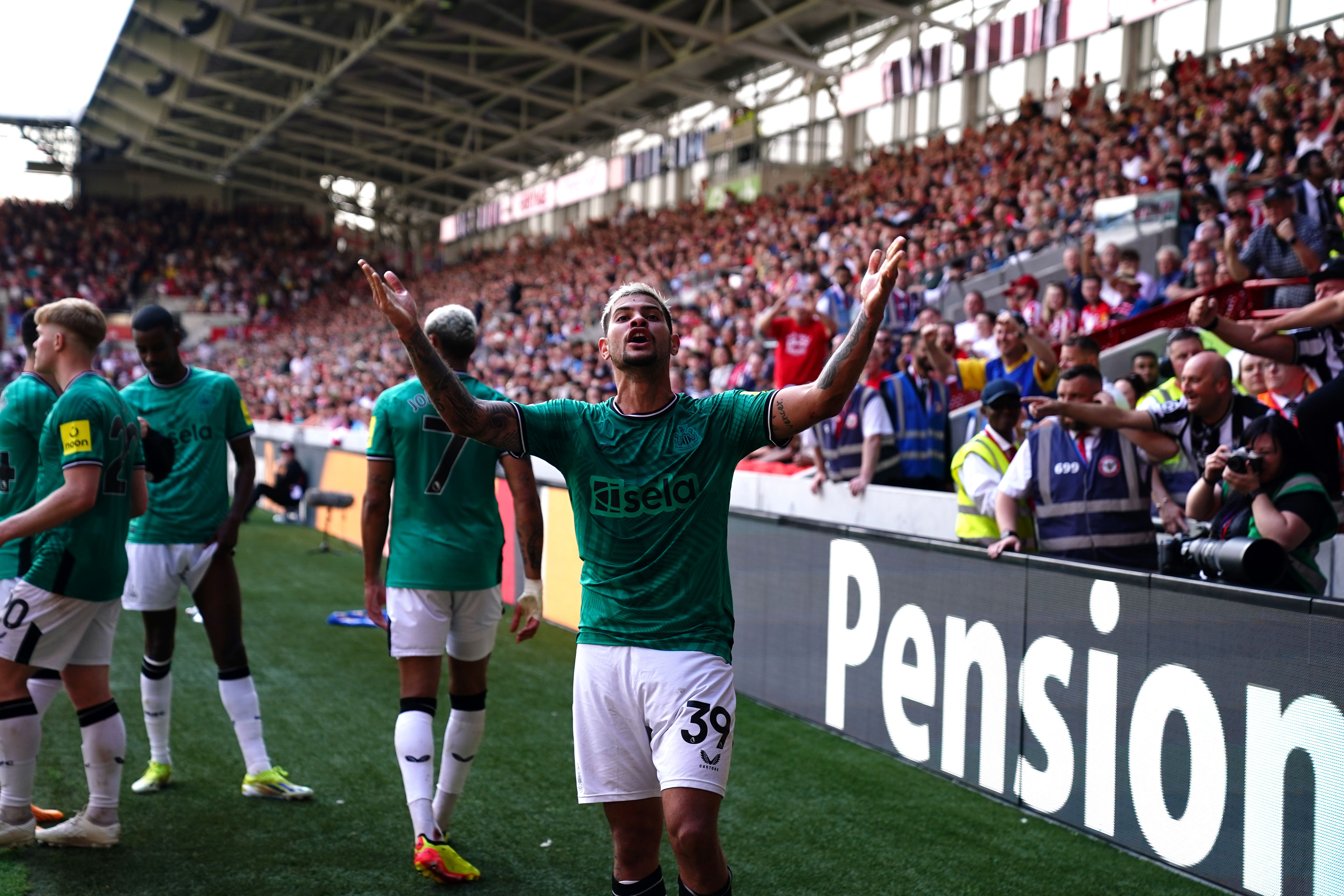 Bruno Guimaraes celebrates scoring Newcastle’s fourth (John Walton/PA)