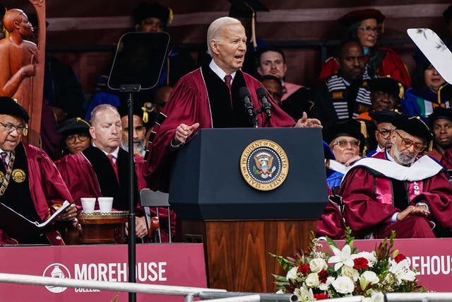<p>President Joe Biden speaks at the Morehouse College Commencement on May 19, 2024 in Atlanta</p>