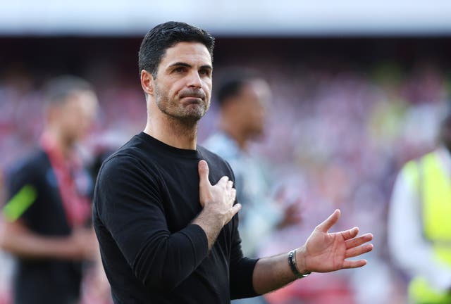 <p>Mikel Arteta’s Arsenal set a club record for most wins in a Premier League season, but fell short of the title </p>
