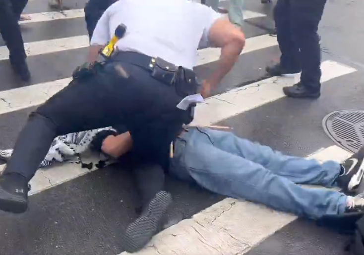 A New York Police Department officer pictured punching an anti-war demonstrator during a protest in Brooklyn on 18 March
