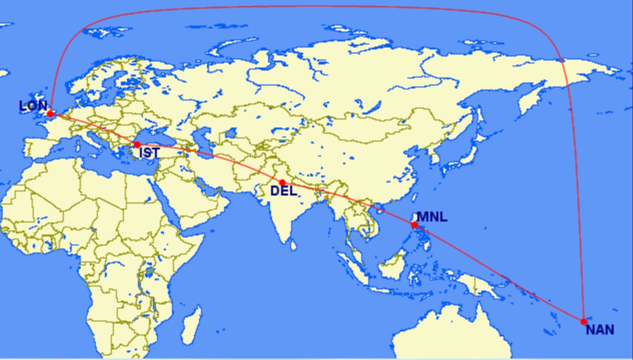 Straight lines? The ‘obvious’ straight route between London and Nandi in Fiji via Istanbul, Delhi and Manila; and the actual shortest route up and across the Arctic
