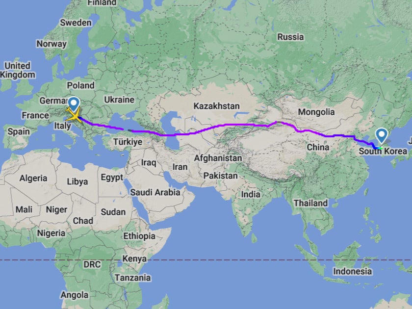 Long haul: the flight path of T’Way flight TW506 on 18 May 2024