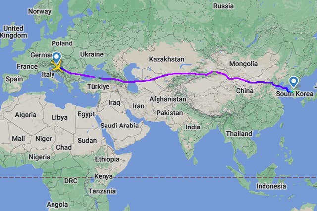 <p>Long haul: the flight path of T’Way flight TW506 on 18 May 2024</p>