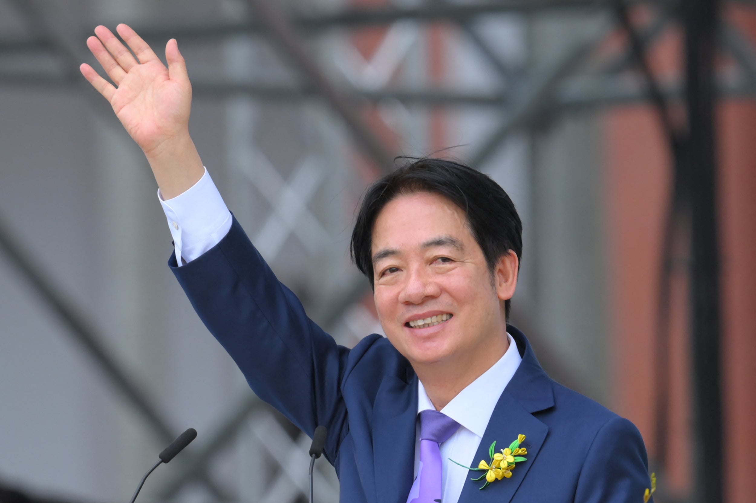 <p>Lai Ching-te waves as he delivers his inaugural speech as Taiwan’s president </p>