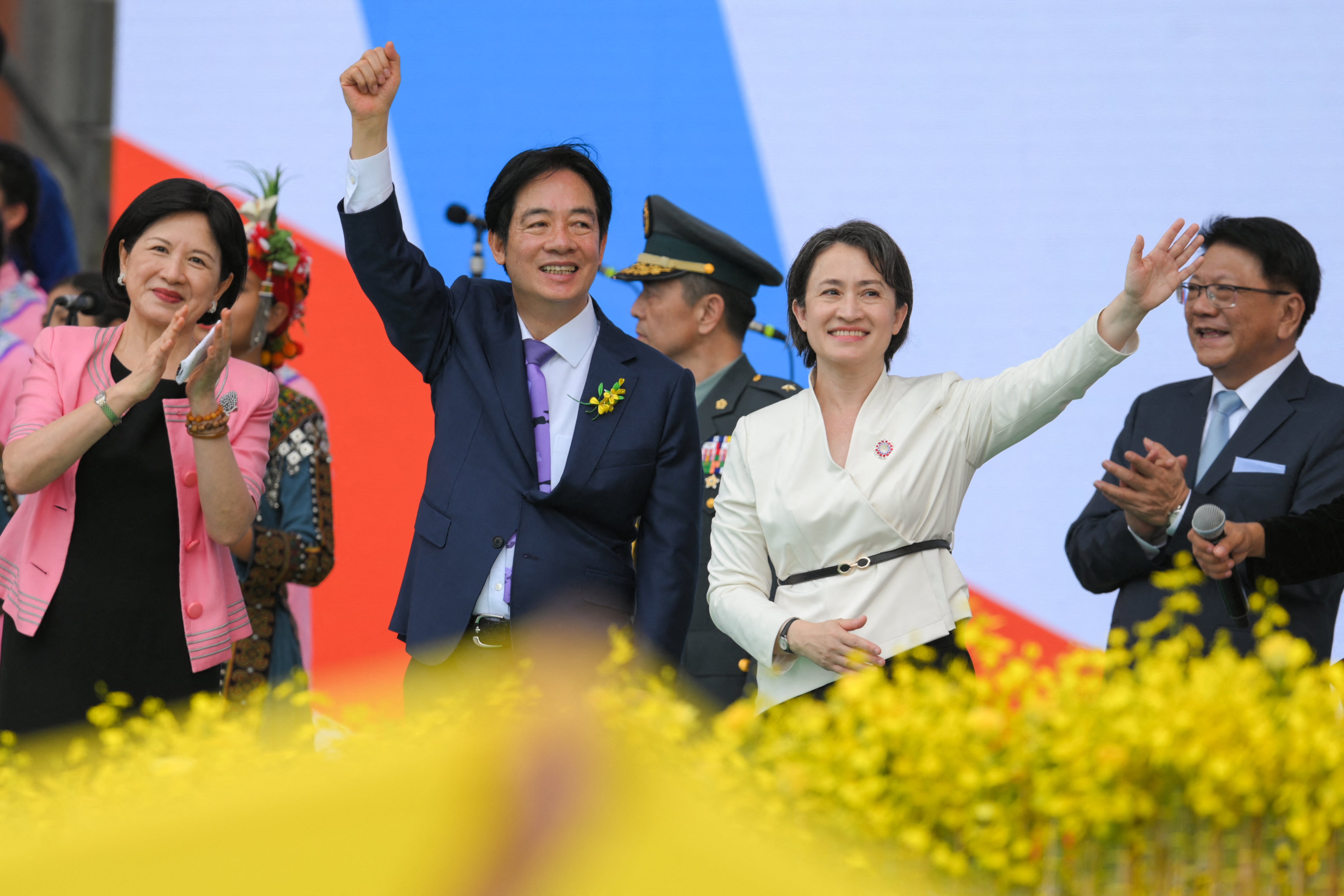Lai Ching-te, incoming first lady Wu Mei-ju (left) and vice-president Hsiao Bi-khim after the president’s inaugural speech