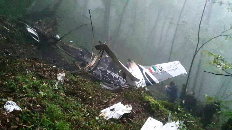 The wreckage of Iranian president Ebrahim Raisi’s helicopter at the crash site on a mountain in Varzaghan area