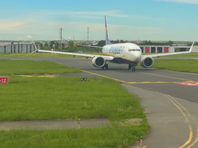 <p>Ryanair Boeing 737 Max at Beauvais airport in northern France</p>