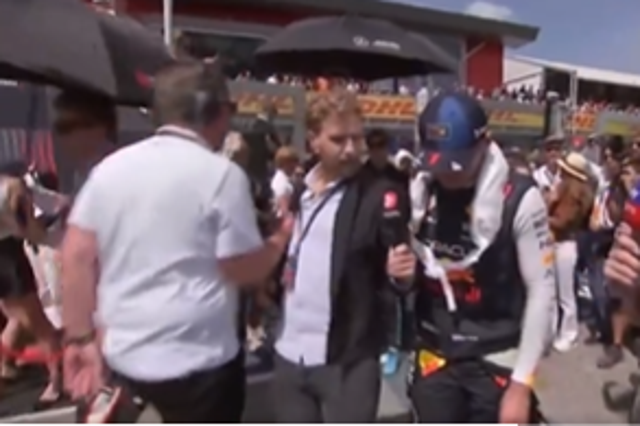 <p>An F1 reporter was dragged off the grid while interviewing Max Verstappen</p>