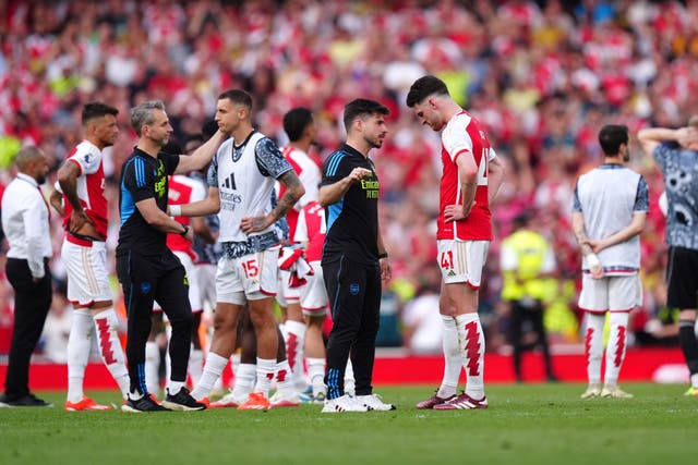 Declan Rice shows his disappointment after Arsenal missed out on the Premier League title (Mike Egerton/PA)