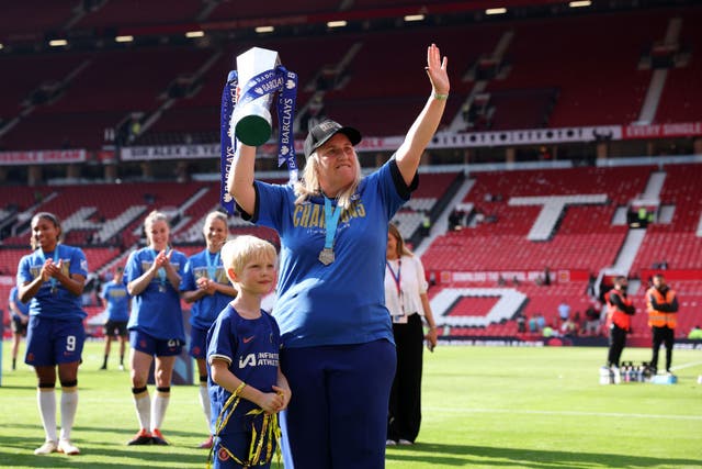 <p>Emma Hayes celebrates a fifth WSL title in a row on the Old Trafford pitch  </p>
