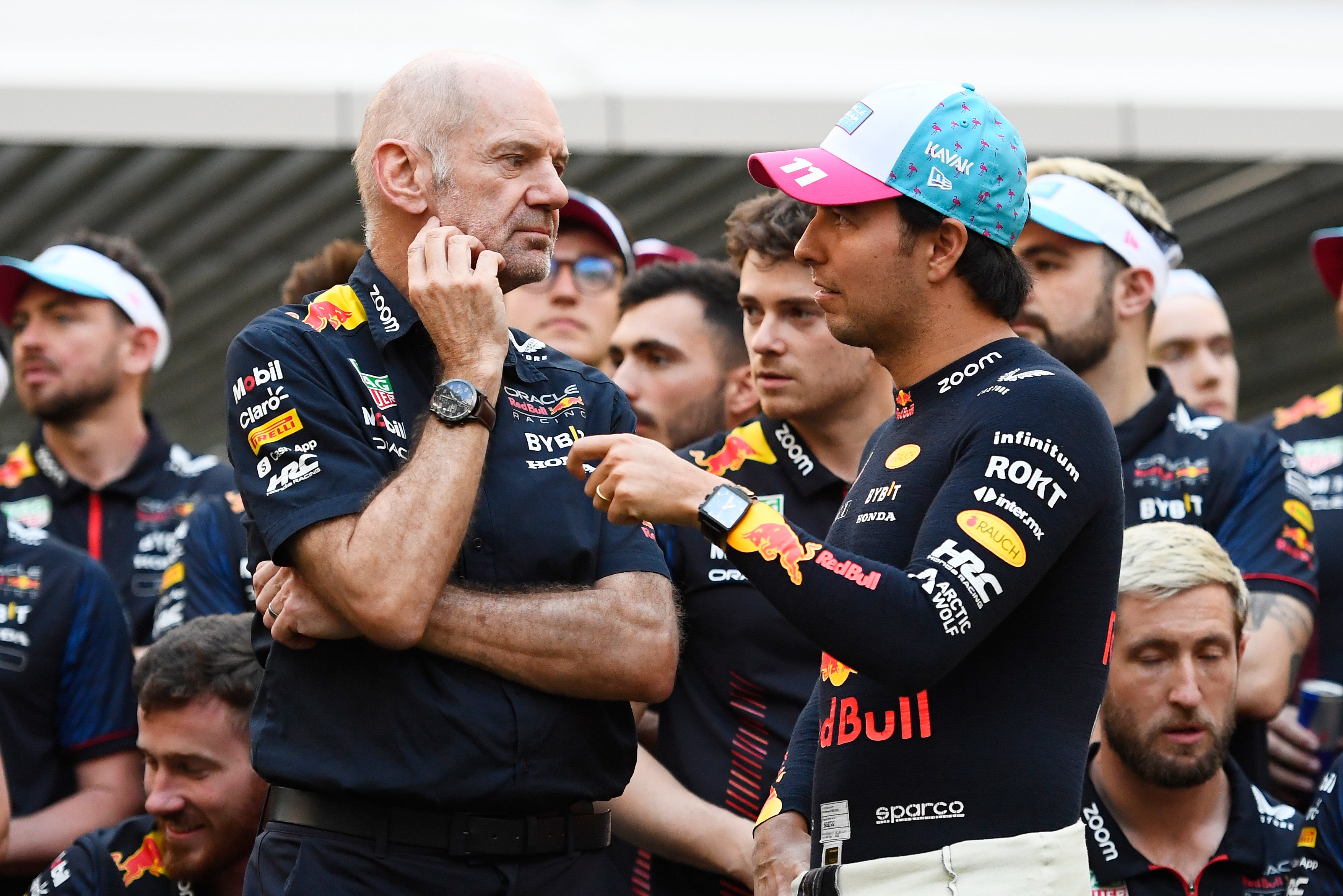 Adrian Newey (left) is leaving Red Bull and Sergio Perez’s future is unclear