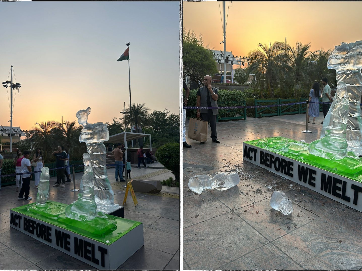 An ice sculpture setup by Greenpeace India in Delhi melts within hours