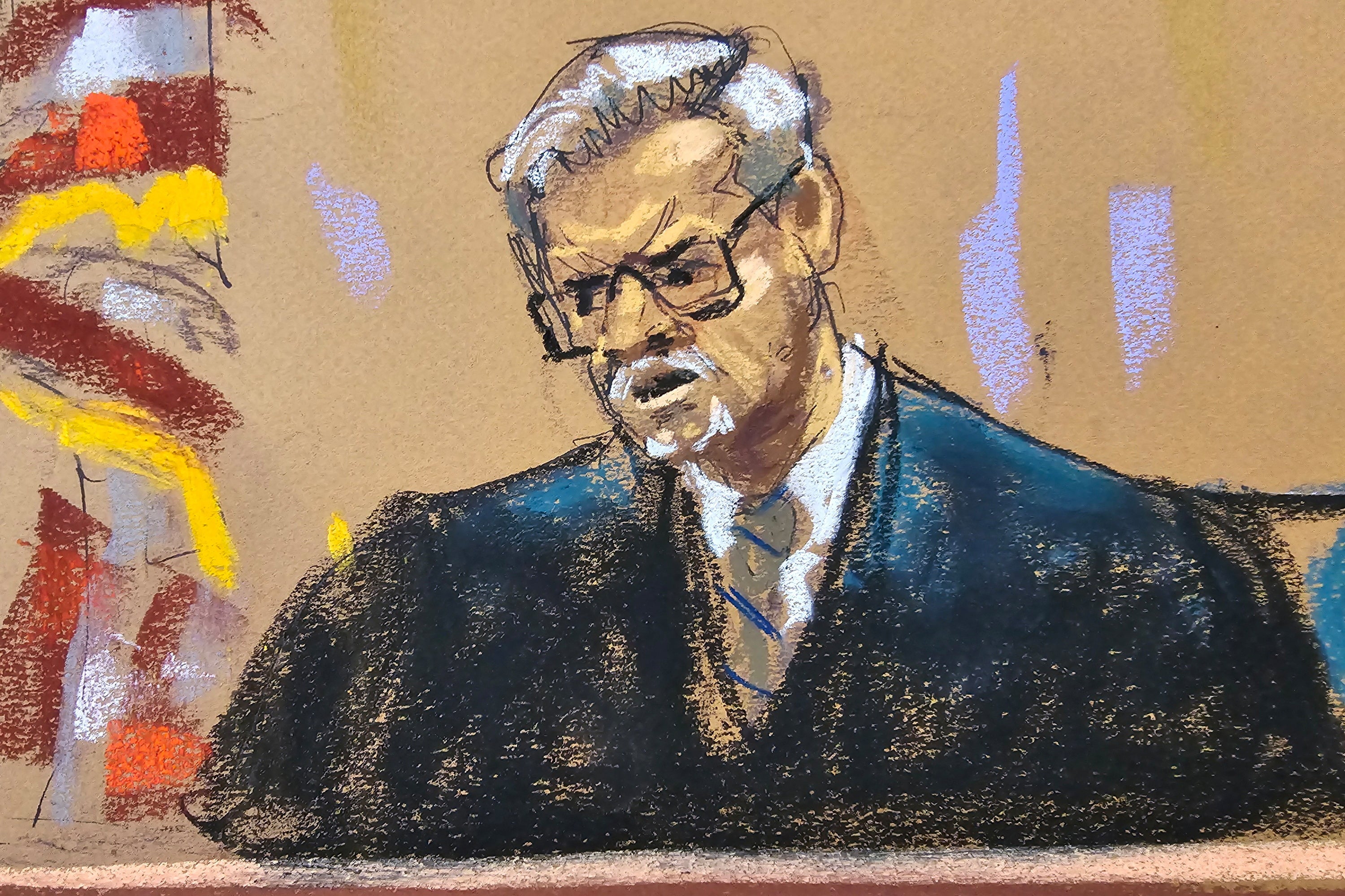 A court sketch depicts New York Justice Juan Merchan as he fined Donald Trump $1,000 on 6 May