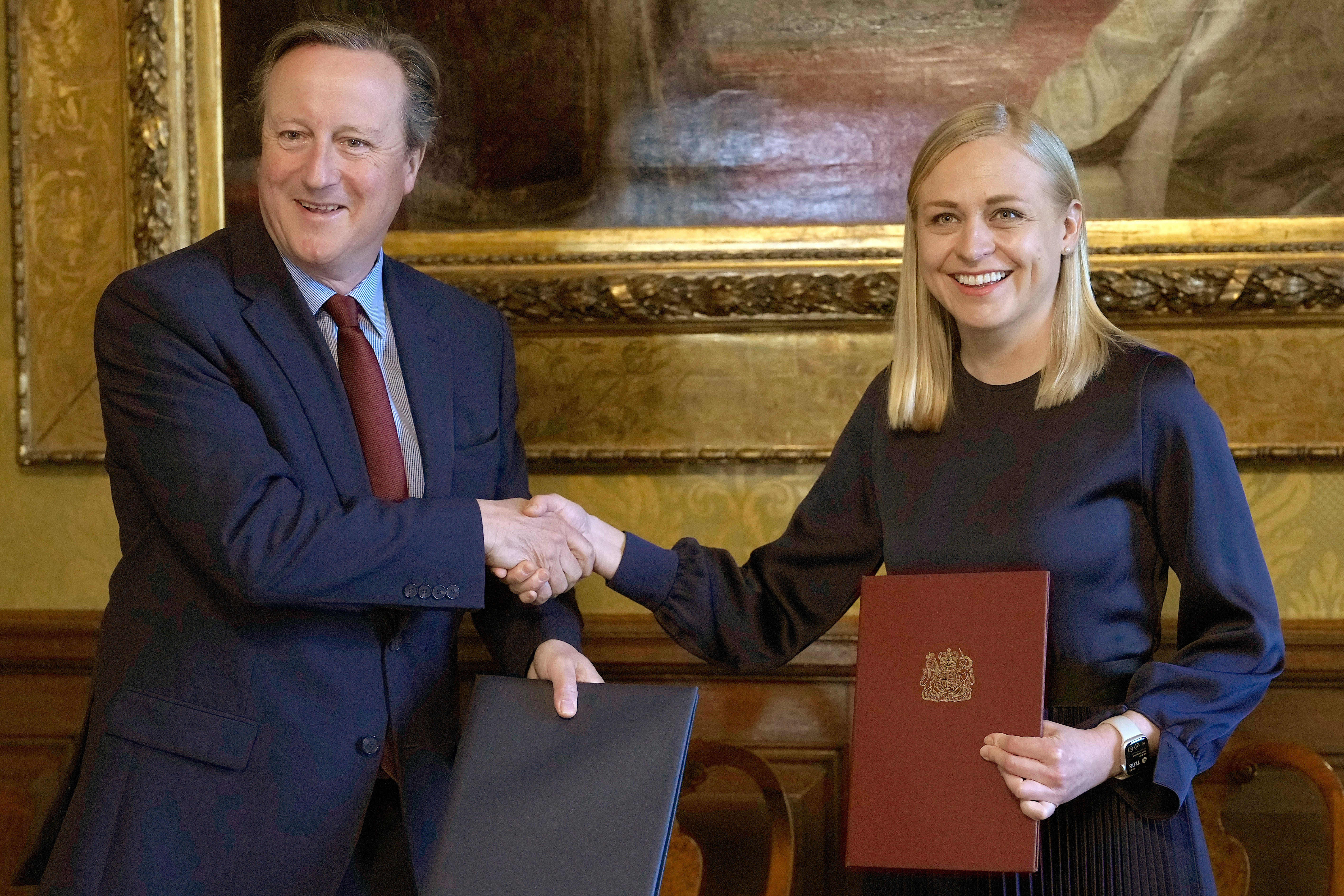 Foreign Secretary Lord Cameron with his Finnish counterpart Elina Valtonen for the signing of a strategic partnership, at the Foreign and Commonwealth Office in London