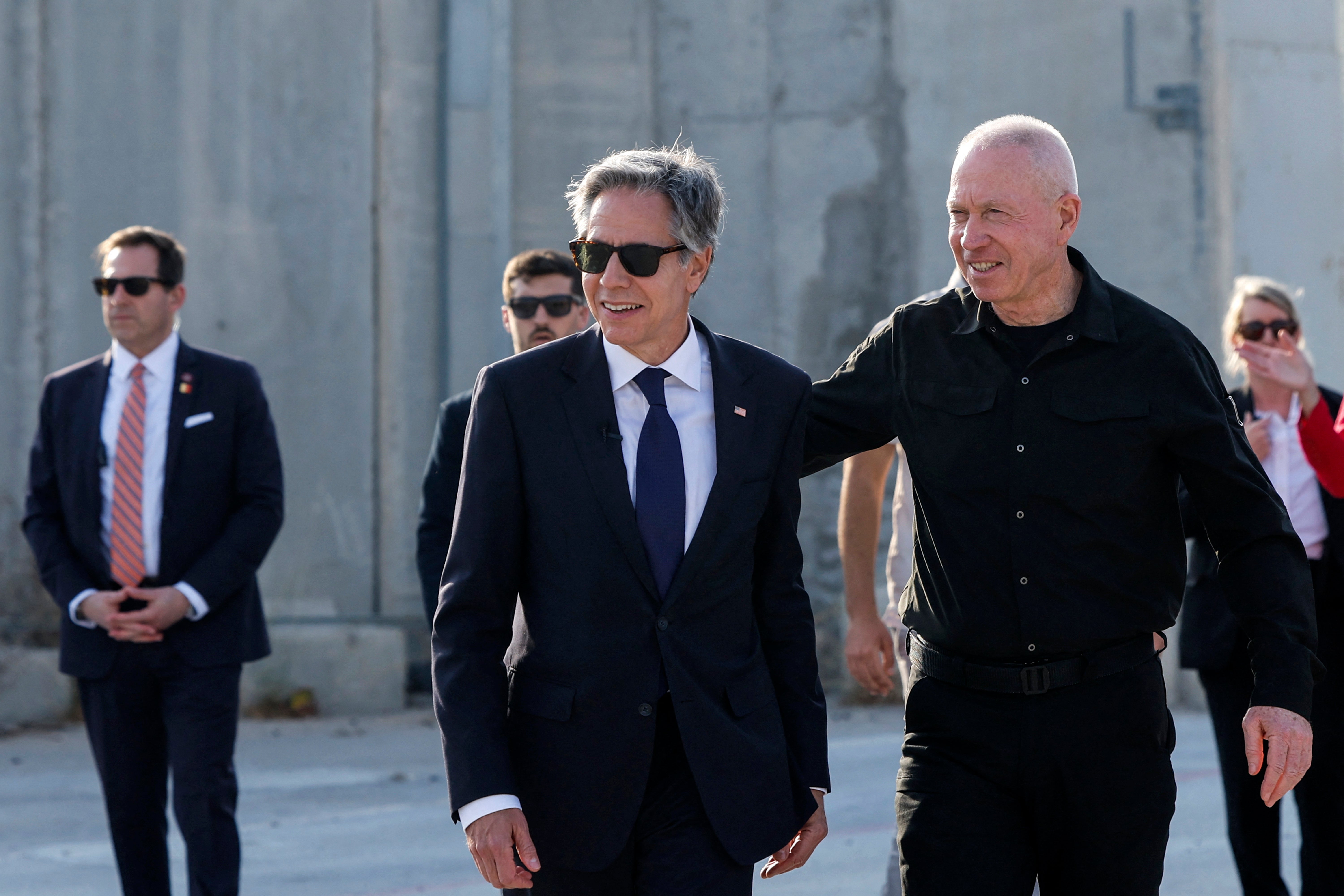 US secretary of state Antony Blinken (C) walks with Israeli defence minister Yoav Gallant (R) at the Kerem Shalom border crossing with the Gaza Strip in southern Israel earlier this month
