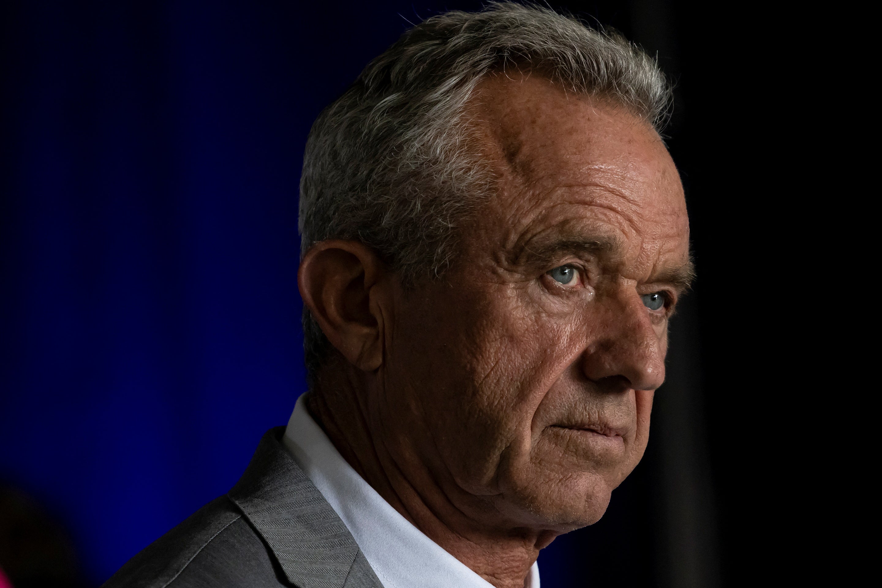 Robert F Kennedy Jr takes questions from reporters during a campaign event in Aurora, Colorado