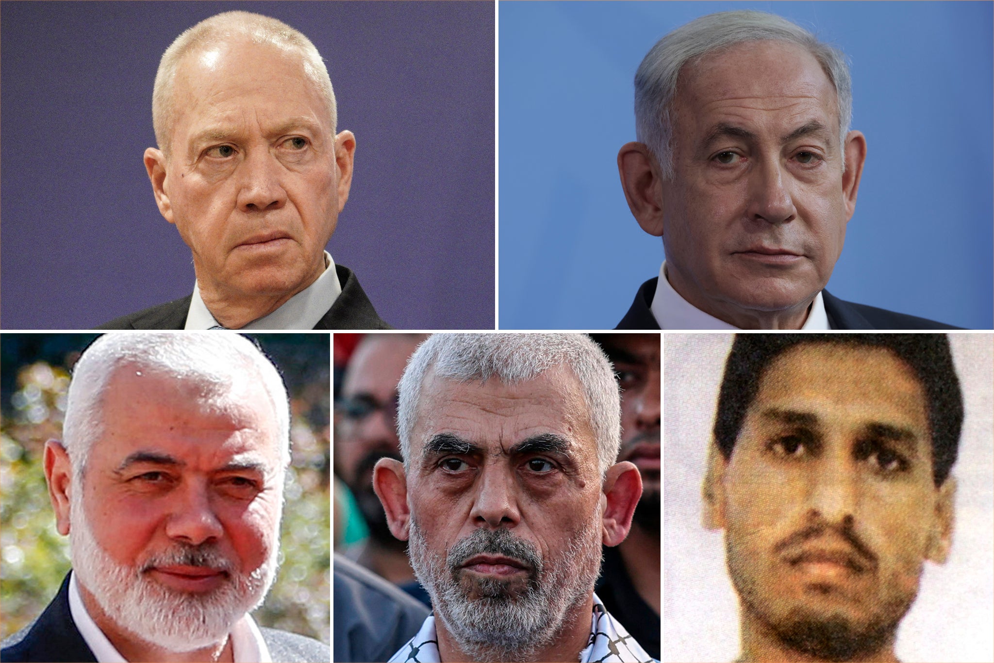 Top left to bottom right: Yoav Gallant, Benjamin Netanyahu, Ismail Haniyeh, Yahya Sinwar and Mohammed Deif
