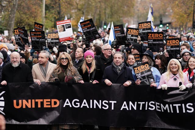 <p>Chief Rabbi Mirvis, Eddie Marsan, Tracy-Ann Oberman, Rachel Riley, Maureen Lipman (second from right) and Vanessa Feltz (right) take part in a march against antisemitism organised by the volunteer-led charity Campaign Against Antisemitism at the Royal Courts of Justice in London</p>