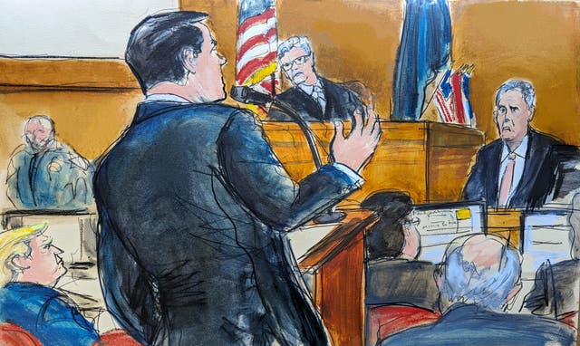 <p>Donald Trump, far left, watches as defense attorney Todd Blanche cross examines Michael Cohen on the witness stand at the former president’s trial </p>