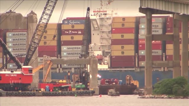 <p>Watch moment Baltimore bridge cargo ship moved from crash site.</p>