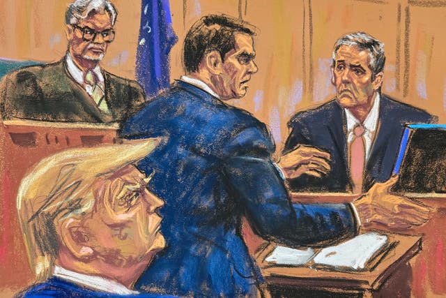 <p>Michael Cohen is cross examined by defense lawyer Todd Blanche before Justice Juan Merchan, as former President Donald Trump watches </p>