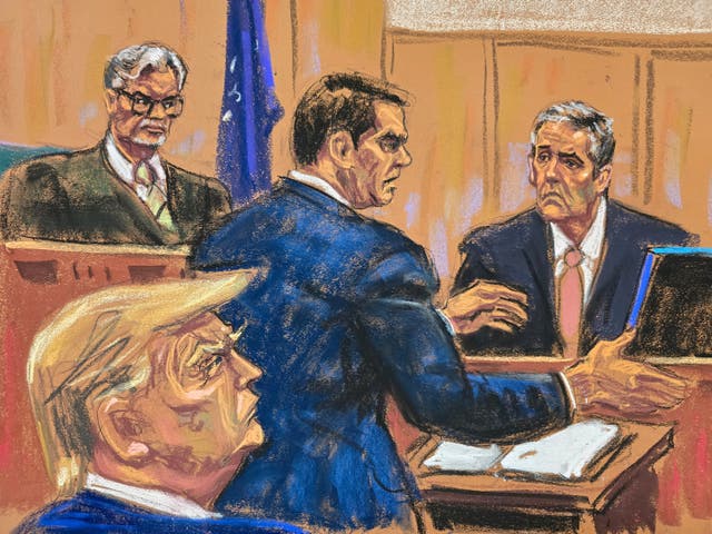 <p>Michael Cohen is cross examined by defense lawyer Todd Blanche before Justice Juan Merchan, as former President Donald Trump watches </p>