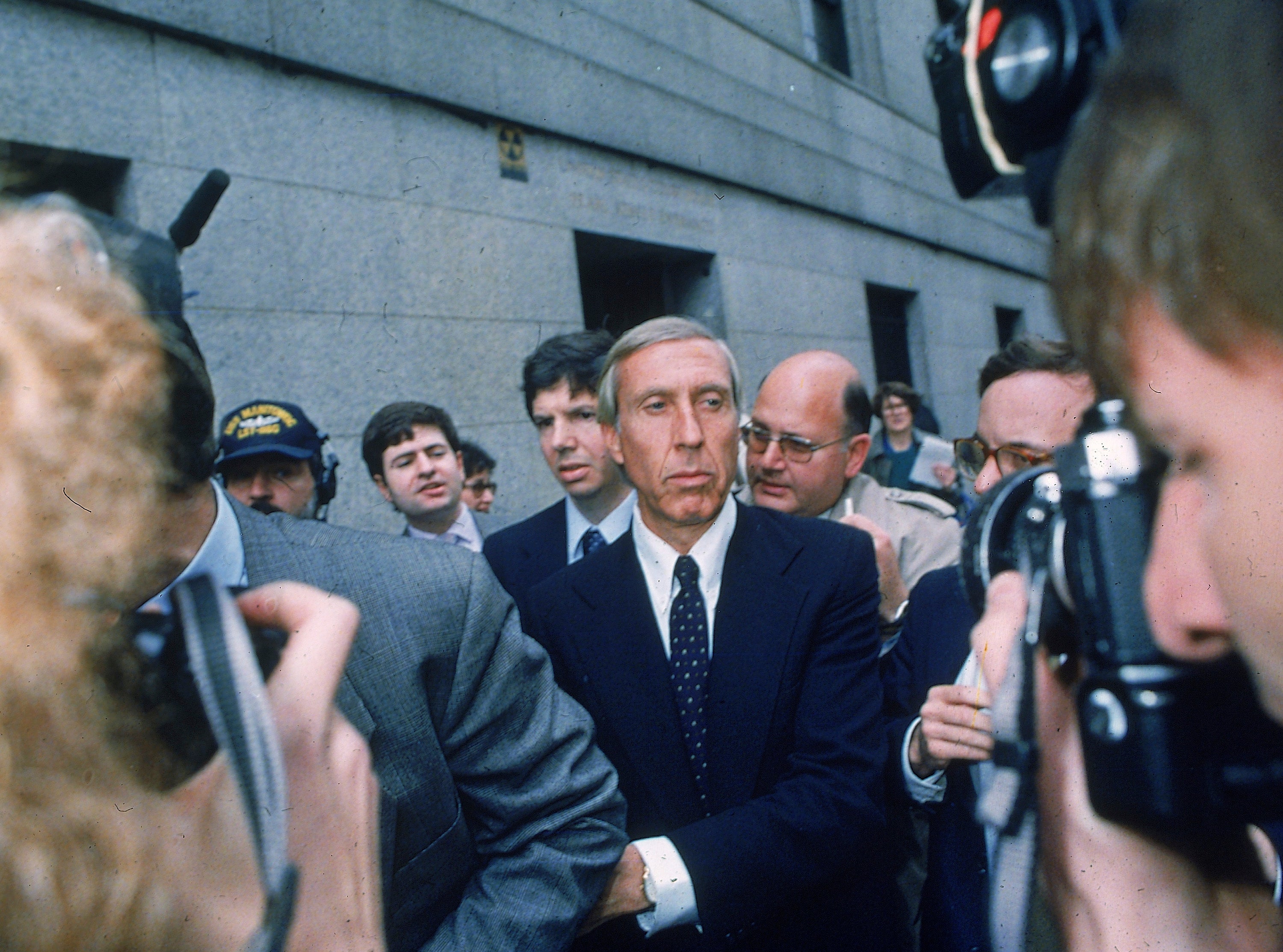Ivan F. Boesky, center, leaves federal court in New York, April 24, 1987 after pleading guilty to one count of violating federal securities laws. Boesky died on 20 May, 2024, aged 87.