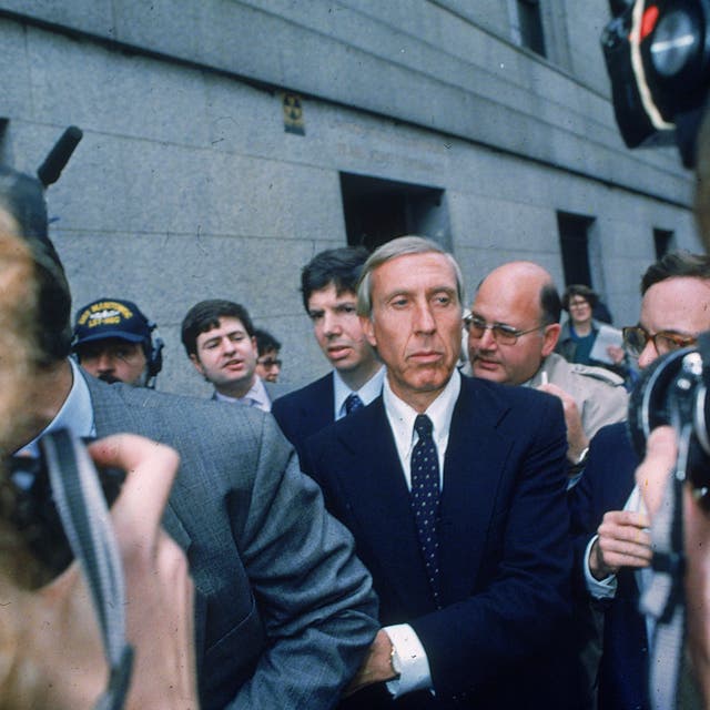 <p>Ivan F. Boesky, center, leaves federal court in New York, April 24, 1987 after pleading guilty to one count of violating federal securities laws. Boesky died on 20 May, 2024, aged 87. </p>