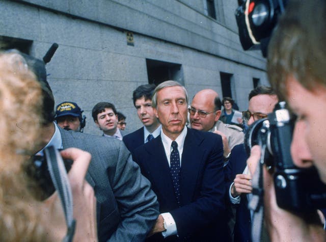 <p>Ivan F. Boesky, center, leaves federal court in New York, April 24, 1987 after pleading guilty to one count of violating federal securities laws. Boesky died on 20 May, 2024, aged 87. </p>