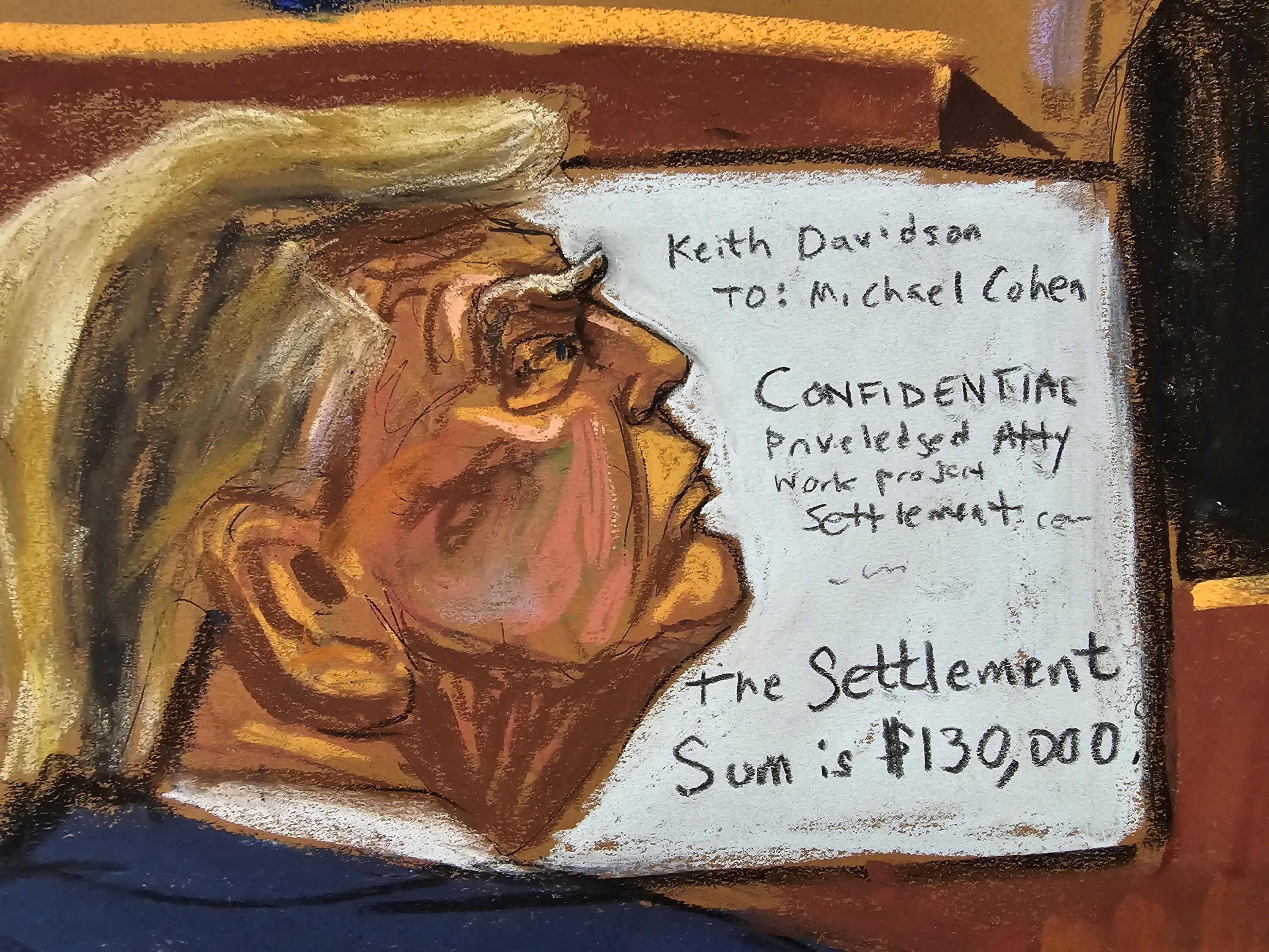 Donald Trump in a court sketch during his hush money trial