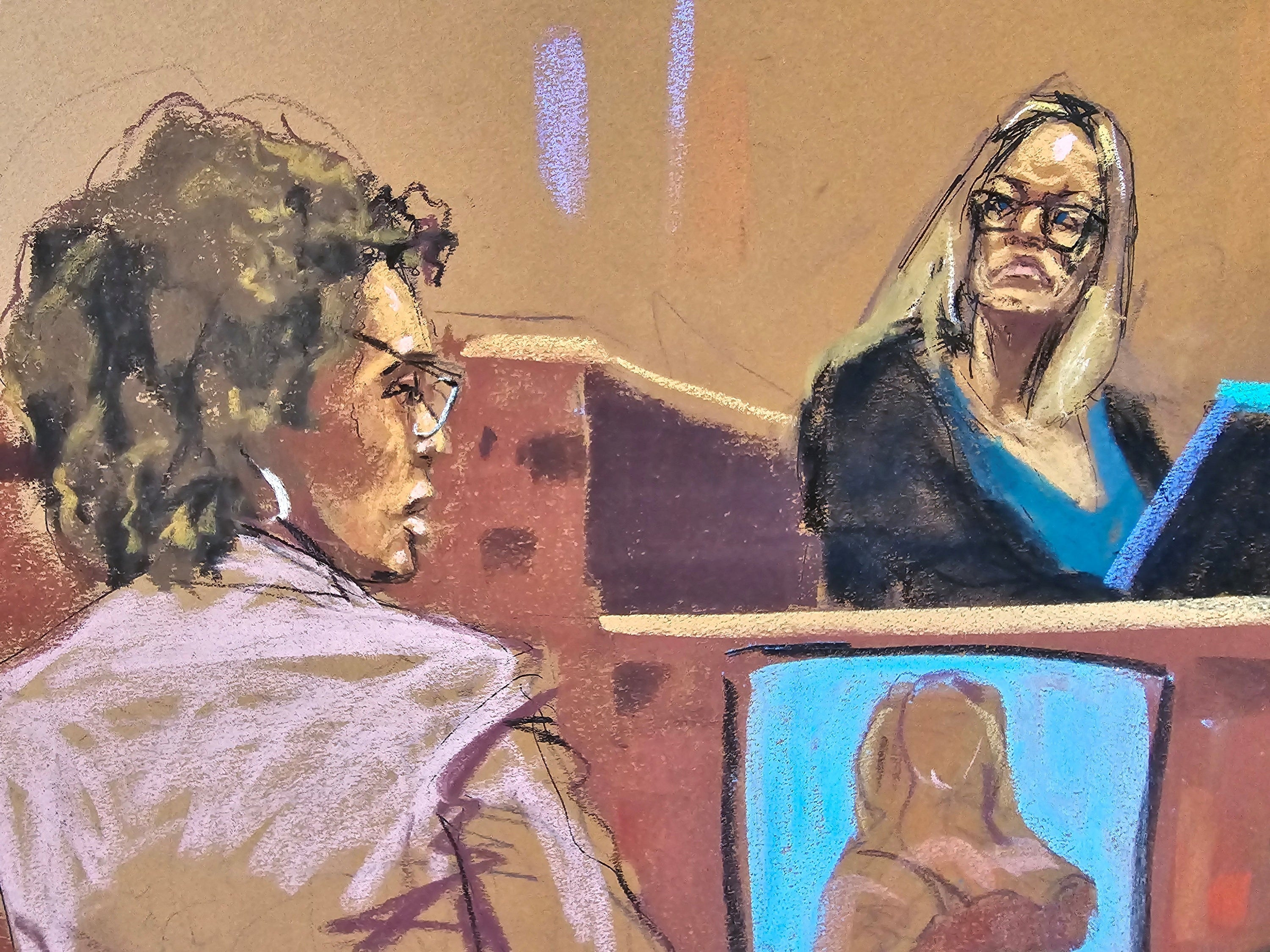 A courtroom sketch depicts defense attorney Susan Necheles questioning Stormy Daniels on May 9