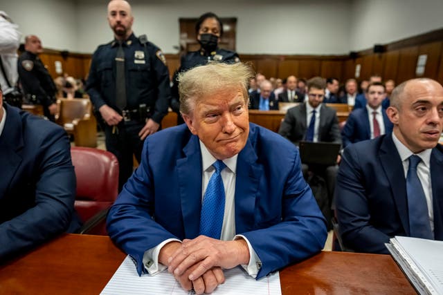 <p>Donald Trump sits at the defense table inside a criminal courtroom in Manhattan on 20 May 2024 </p>