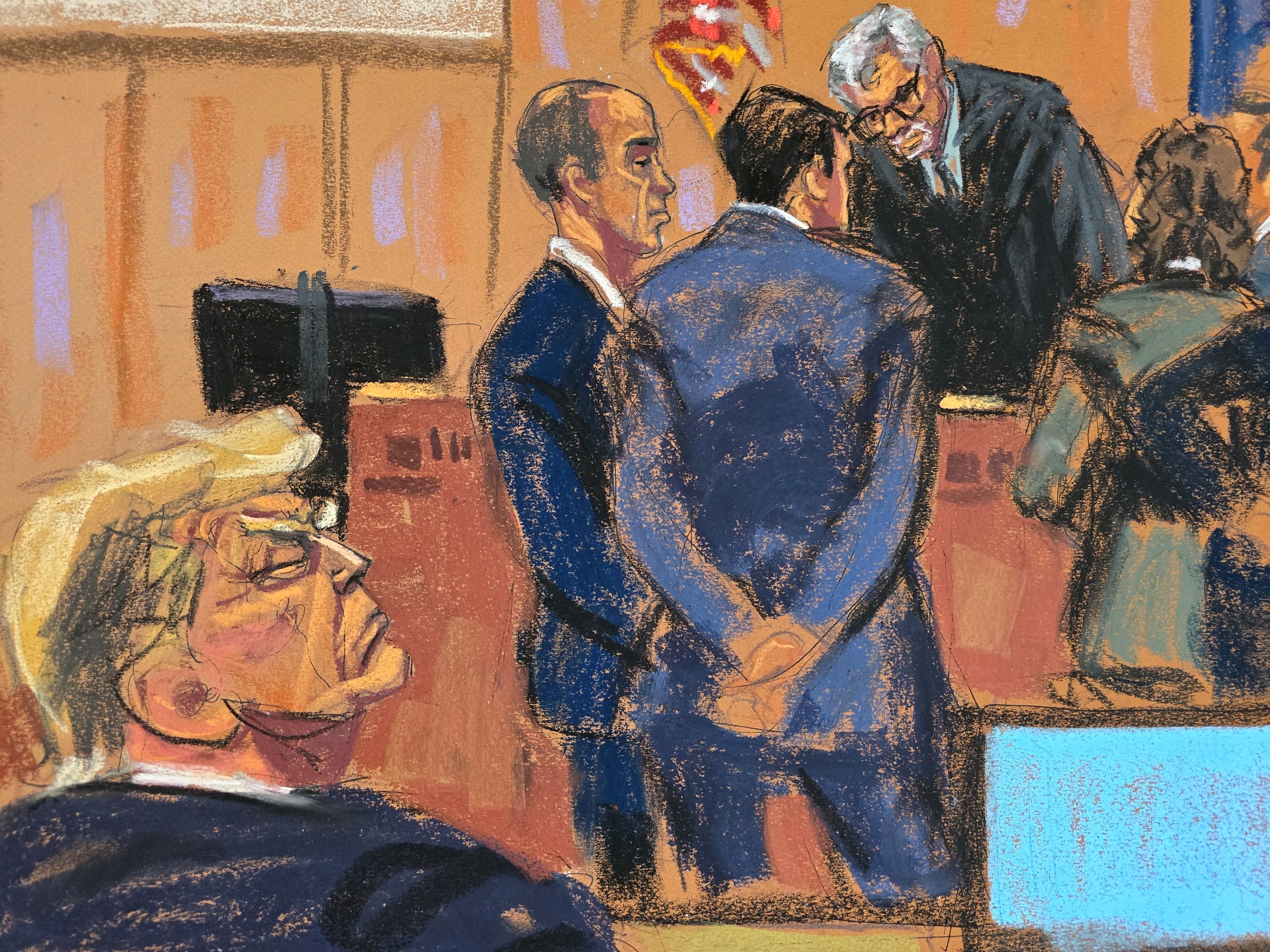 A courtroom sketch depicts lawyers meeting with Judge Juan Merchan as Donald Trump watches during his hush money trial in Manhattan on May 20.