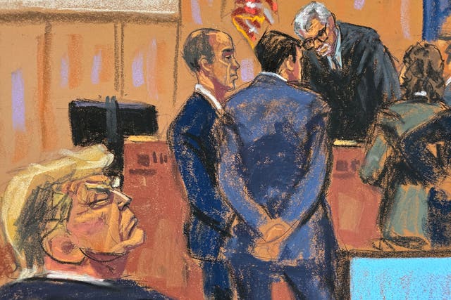 <p>A courtroom sketch depicts lawyers meeting with Judge Juan Merchan as Donald Trump watches during his hush money trial in Manhattan on May 20. </p>