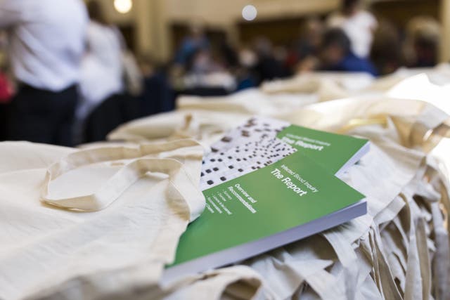 Copies of Sir Brian Langstaff’s report at Central Hall Westminster London (Tracey Croggon/Infected Bllod Inquiry/PA)