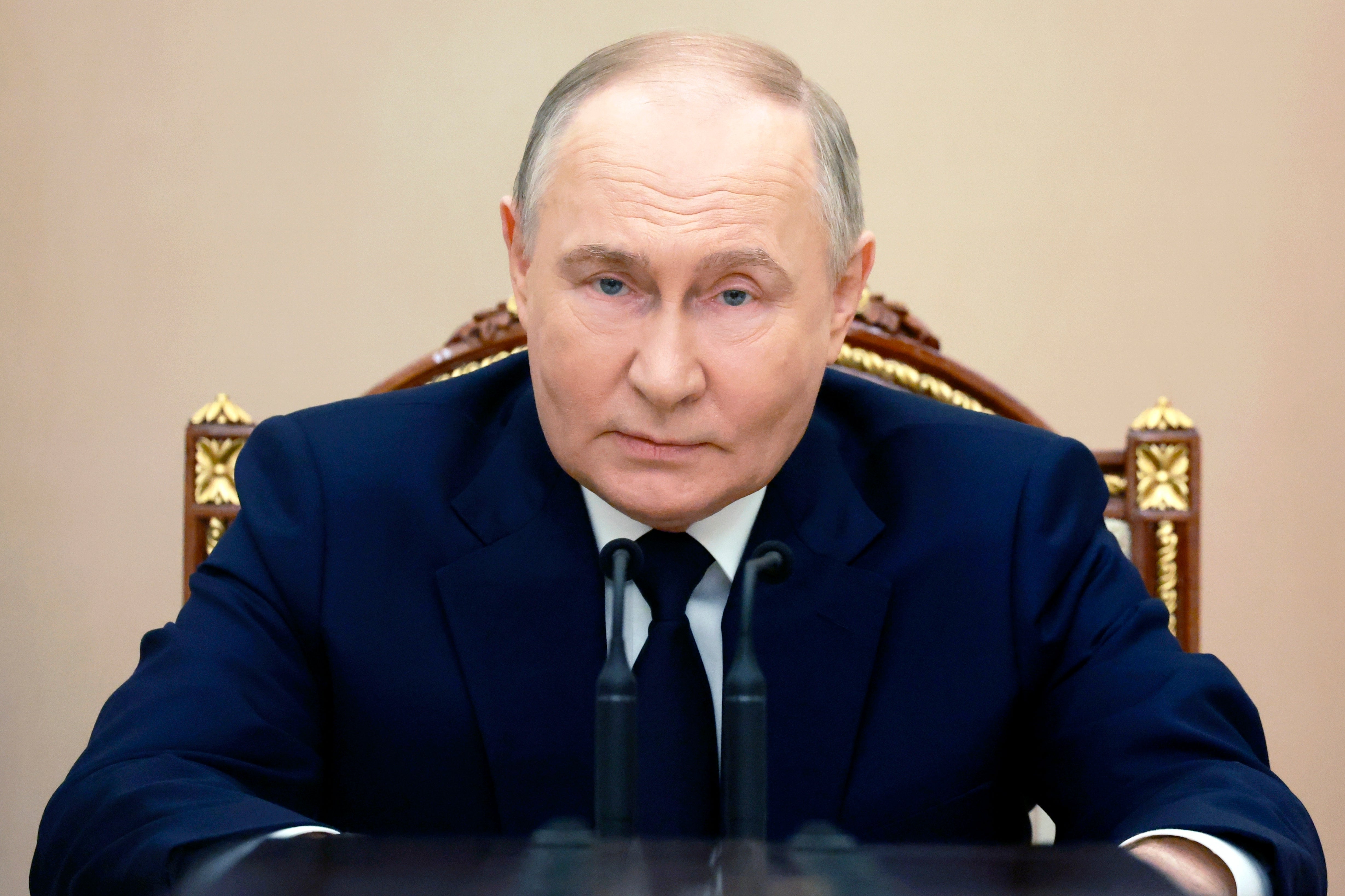 Russian president Vladimir Putin speaks during a meeting with commanders of military districts at the Kremlin in Moscow, Russia, on 15 May 2024