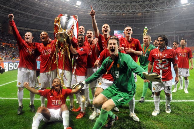 Manchester United celebrate winning the Champions League in Moscow (Owen Humphreys/PA)