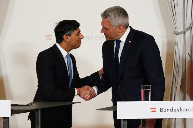 <p>Rishi Sunak discussing his flagship idea for tackling illegal migration with Austrian chancellor, Karl Nehammer</p>