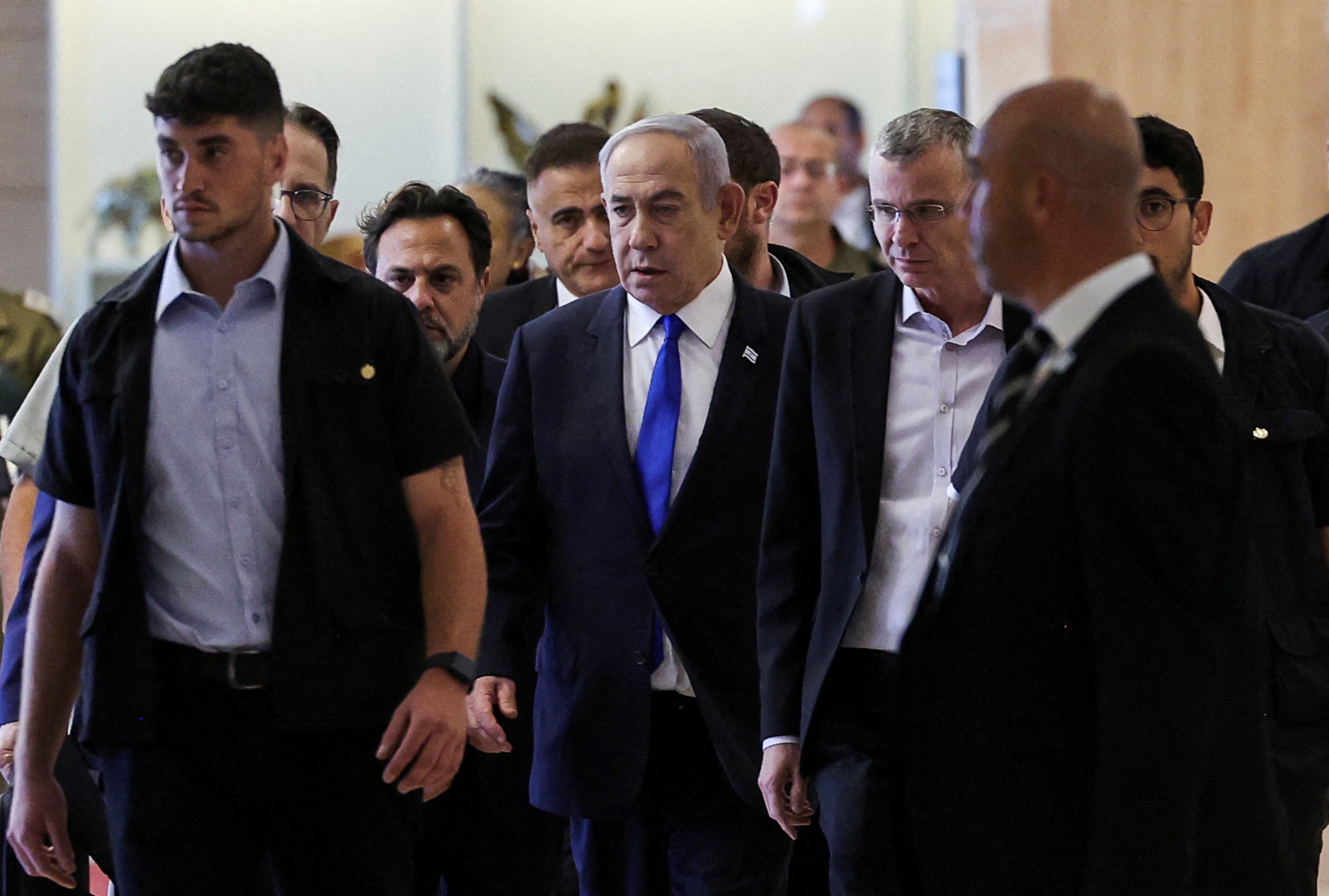 Israeli prime minister Benjamin Netanyahu arrives at his Likud party faction meeting at the Knesset, Israel’s parliament, after the ICC motion was made public