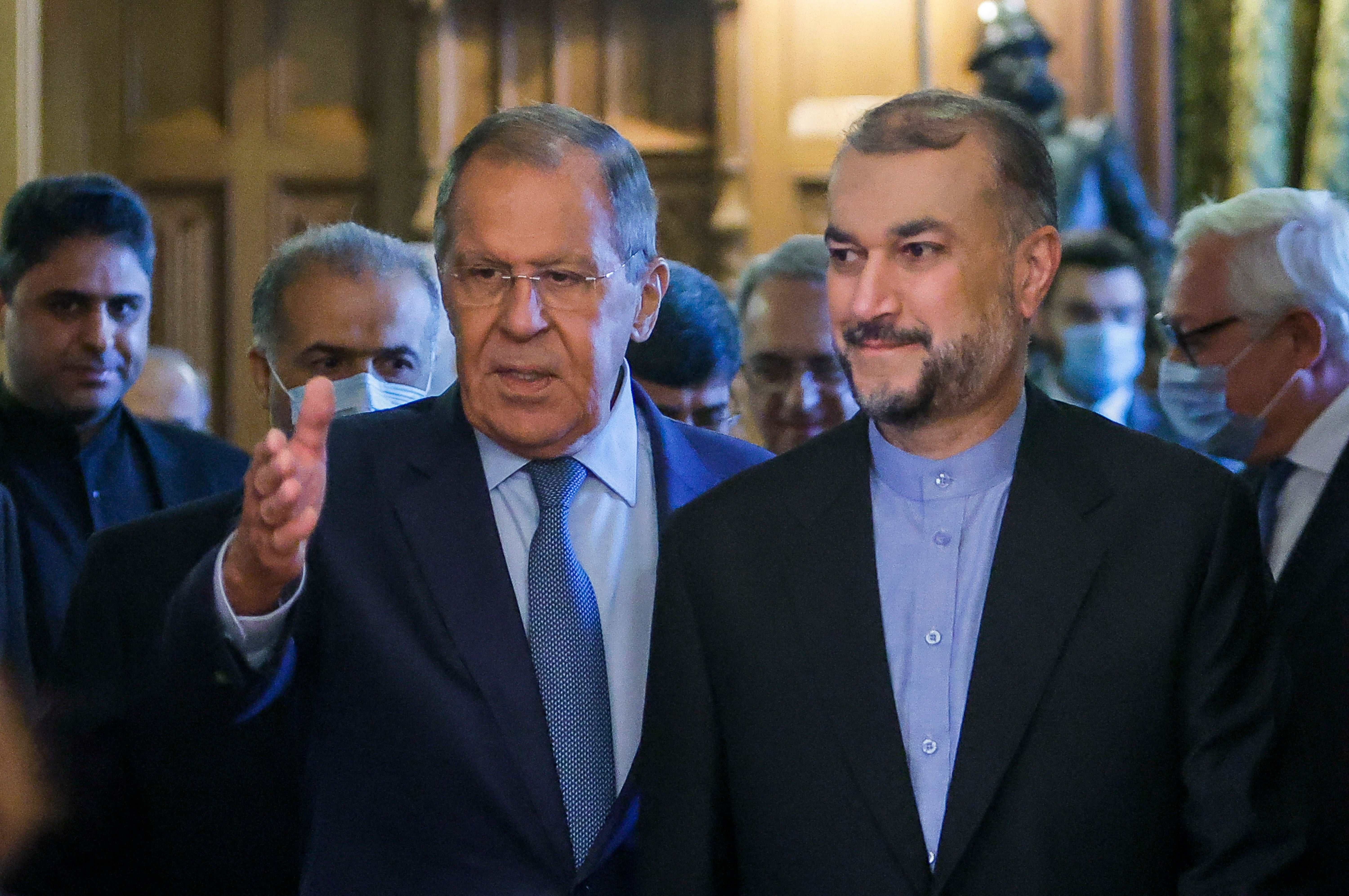 Russian Foreign Minister Sergei Lavrov (L) attends a meeting with Iranian Foreign Minister Hossein Amir-Abdollahian in Moscow in August 2022. Abdollahian died in the same helicopter crash as President Raisi