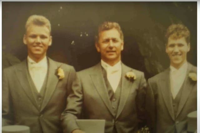 <p>John Peach with his sons Jason and Leigh at Mr Peach's wedding in 1987. Leigh and Jason, who were both pupils at Lord Mayor Treloar College, were diagnosed with HIV and Hepatitis B after treatments given at the school and died of AIDS in the early 90s</p>
