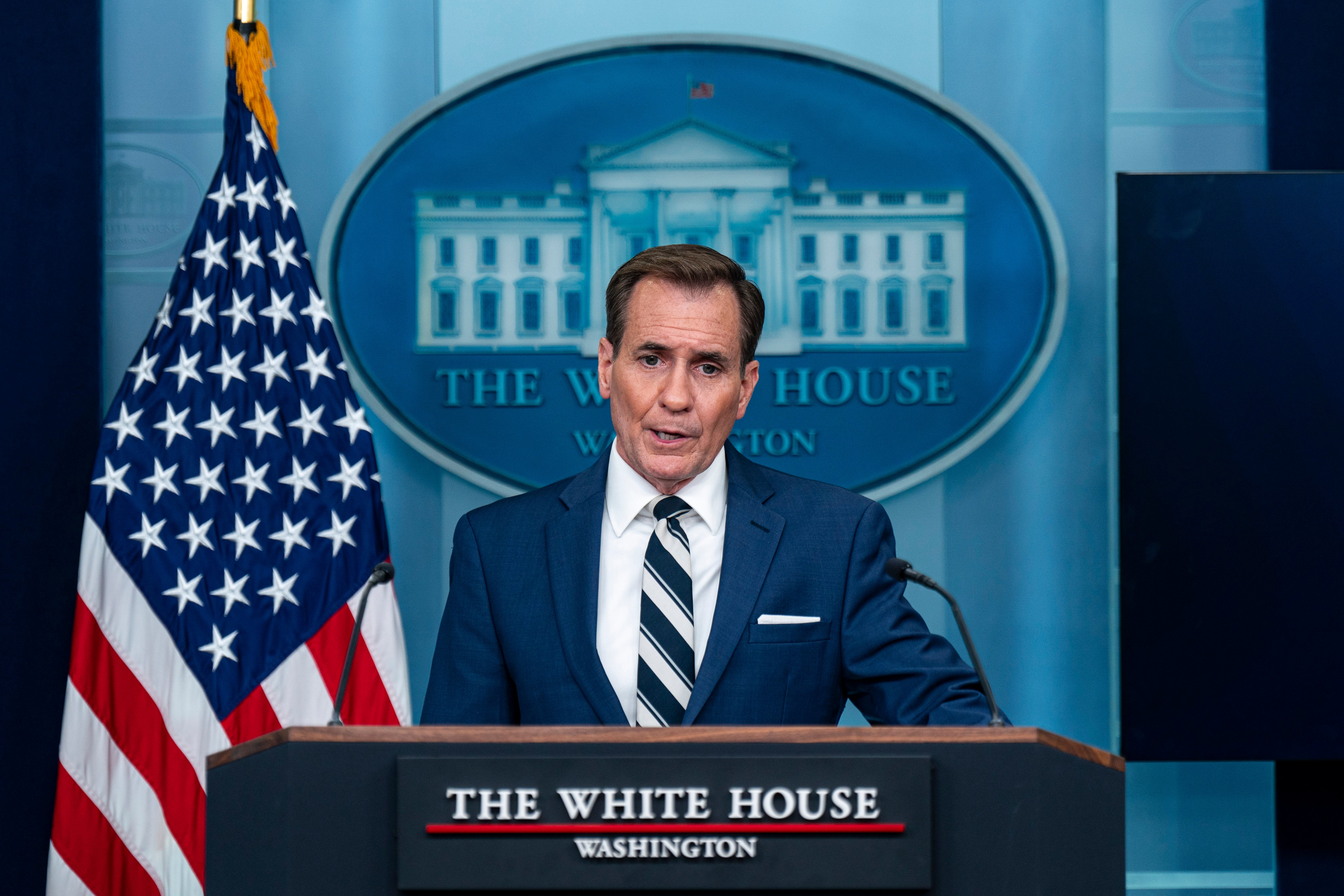 White House national security communications advisor John Kirby speaks during a news conference in the James S. Brady Press Briefing Room