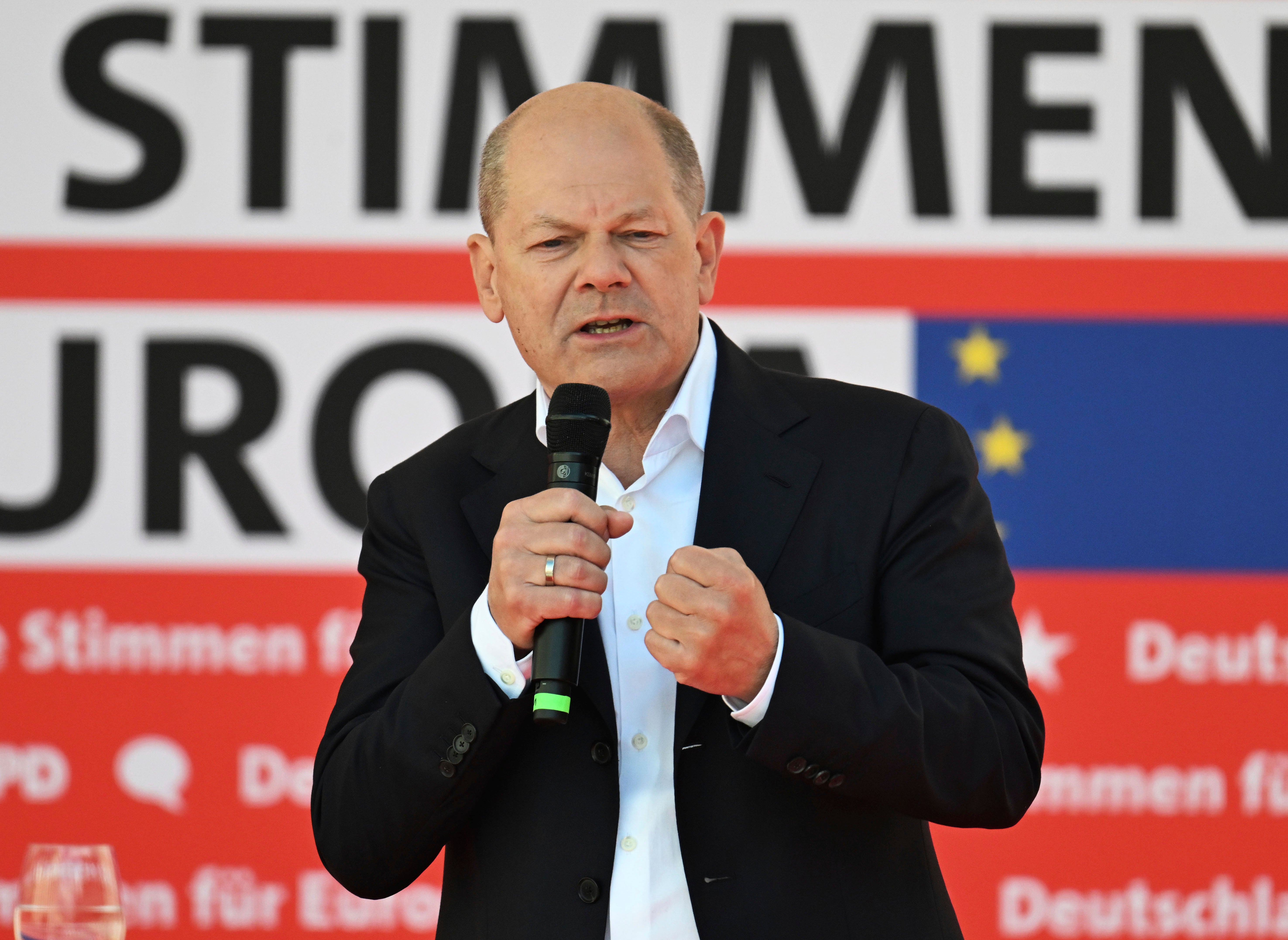 German Chancellor Olaf Scholz speaks at a major SPD rally for the European elections in Karlsruhe, Germany, over the weekend