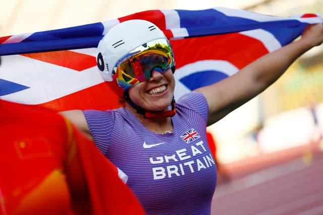 <p>Britain's Hannah Cockroft celebrates after winning the women's 100m T34 final</p>