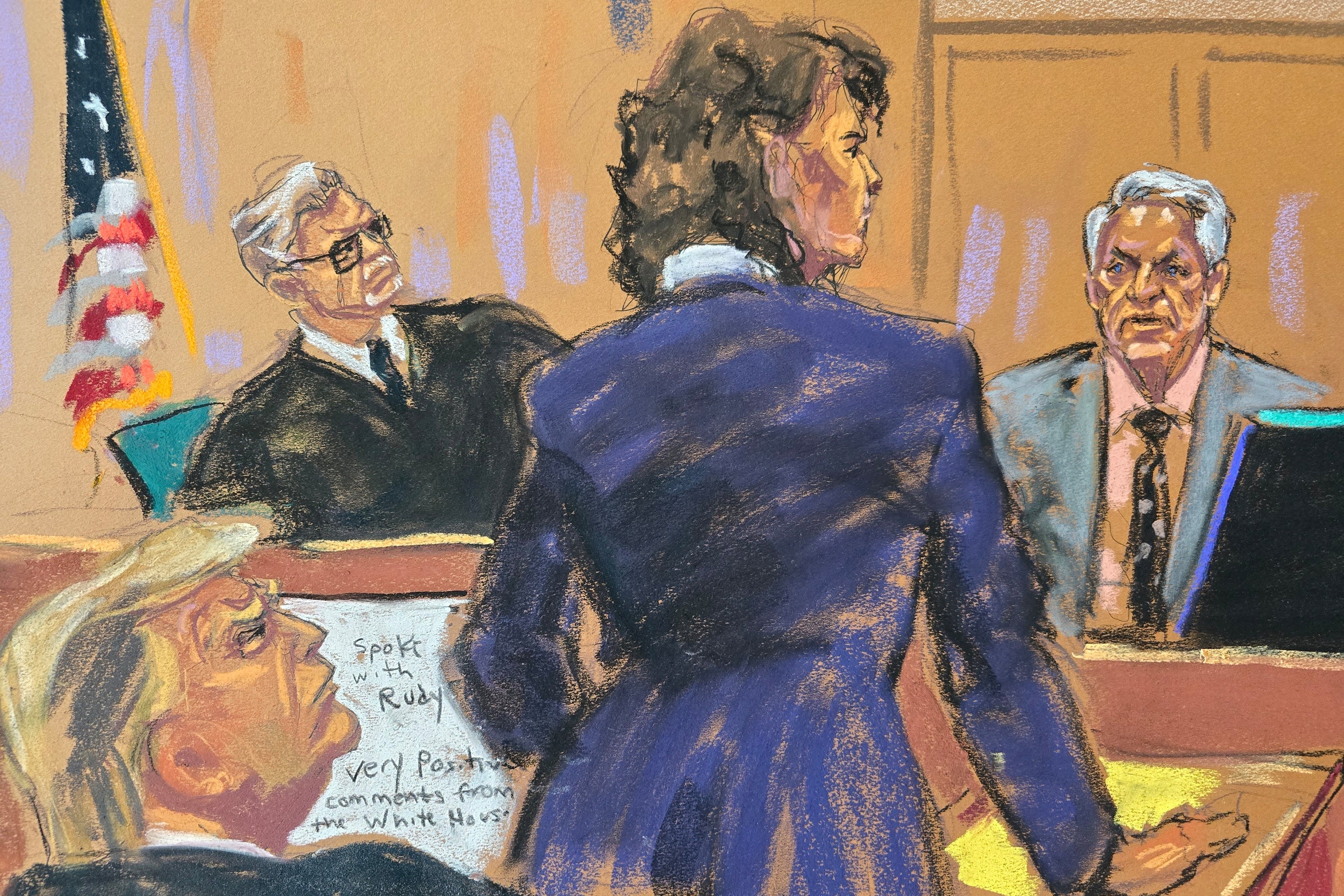 A courtroom sketch depicts Assistant District Attorney Susan Hoffinger questioning Robert Costello on May 21 as Donald Trump and Justice Juan Merchan look on